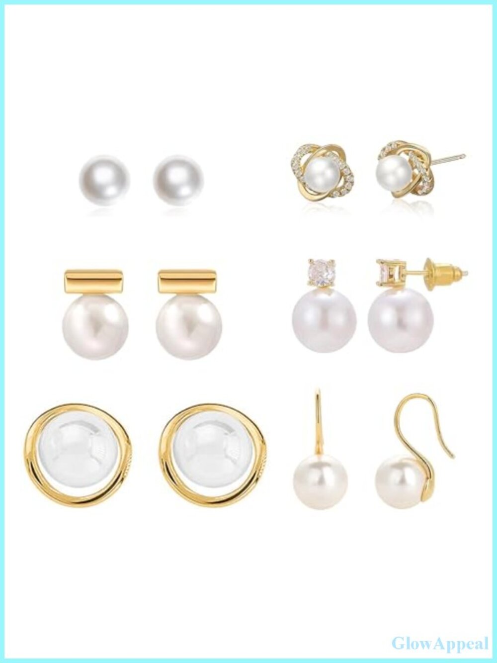 6 Pairs Pearl Stud Earrings Set Gold Plated Cubic Zircon Mix Styles for Women